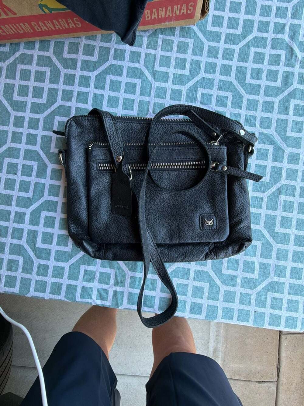 Wys Owl Black Pebbled Leather Crossbody Bag